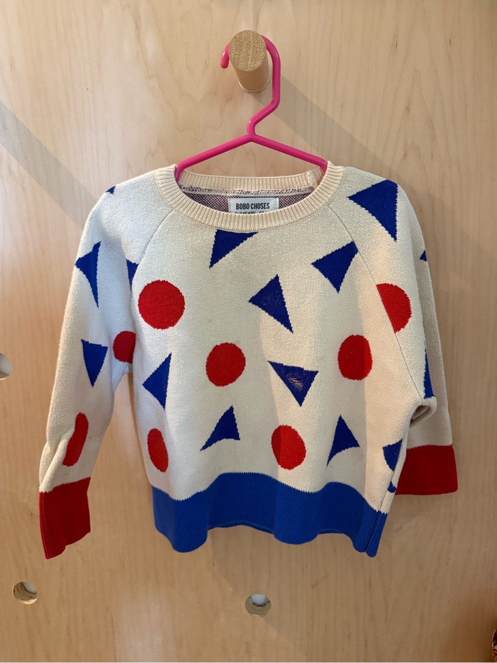 Bobo Choses Cream Sweater with Red Circles & Blue Triangles